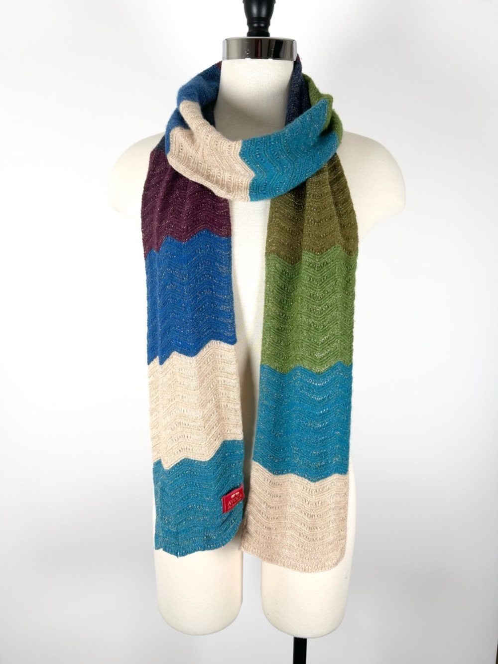 Avoca Scarf Cashmere Metallic Ripple Knit Striped Color Block Blue Green Purple